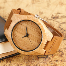 Simple Men Women Bamboo Watch Hand Carved Arabic Number Dial Genuine Leather Band Cool Male Female Nature Casual Wood Wristwatch