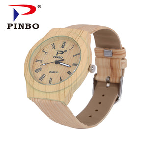 PINBO Simulation Wooden Reloje Quartz Men Watches Casual Wooden Color Leather Strap Watch Wood Male Wristwatch Relogio Masculino