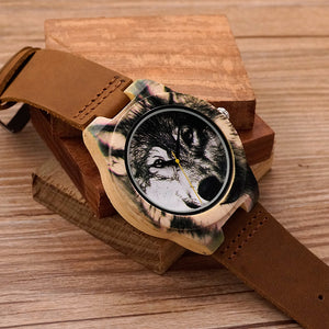 Wooden Men Watch 3D Printing Wolf Head Icon Dial Quartz-watch Wood Clock in Gift Box relojes hombre 2016