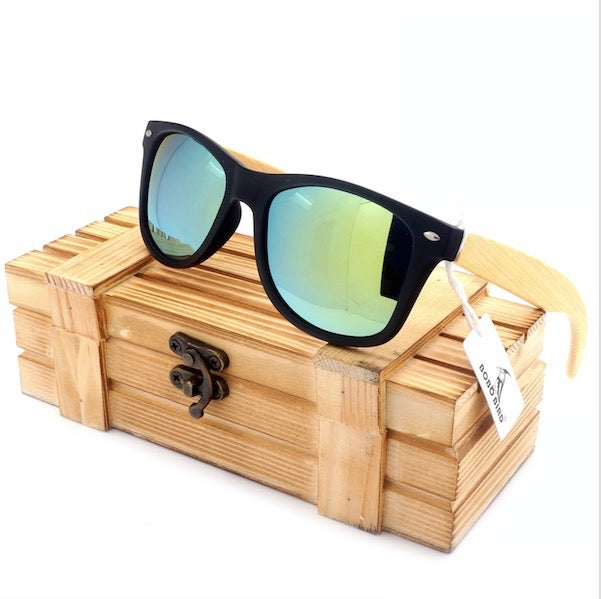 High Quality Vintage Black Square Sunglasses With Bamboo Legs Mirrored Polarized Summer Style Travel Eyewear in Wood Box