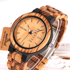 Wood Watch for Men with Week Display Date Quartz Watches