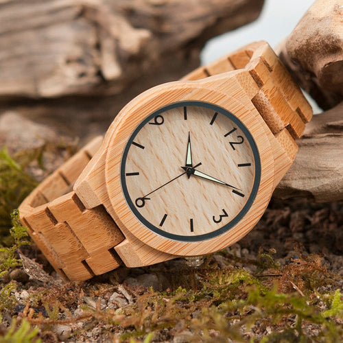 Bamboo Wooden Watch for Men Unique Lug Design Top Brand Luxury Quartz Wood Band Night Green Pointer Wrist Watches