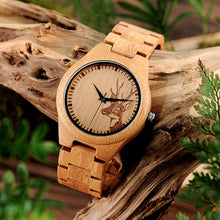 Natural Bamboo Wood Watches With Deer Head Engrave Dial With Bamboo Strap For Gift