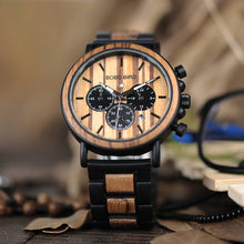 Leather Brand Luxury Stylish Watch Wood & Stainless Steel Chronograph Military Quartz Watch for Men