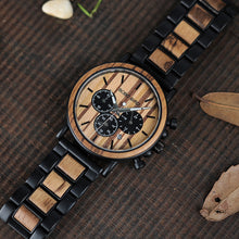 Leather Brand Luxury Stylish Watch Wood & Stainless Steel Chronograph Military Quartz Watch for Men