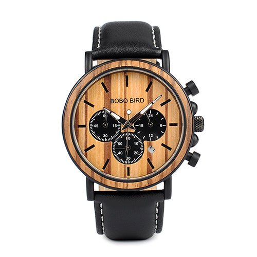 Wood and Stainless Steel Watches Luminous Hands Stop Watch Mens Quartz Wristwatches in Wooden Box