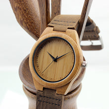 Unique Natural Bamboo Wood Casual Quartz Watches Classic Style With Real Leather Strap In Gift Box
