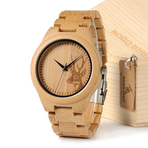 Natural Bamboo Wood Watches With Deer Head Engrave Dial With Bamboo Strap For Gift