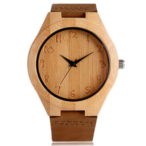 Simple Men Women Bamboo Watch Hand Carved Arabic Number Dial Genuine Leather Band Cool Male Female Nature Casual Wood Wristwatch