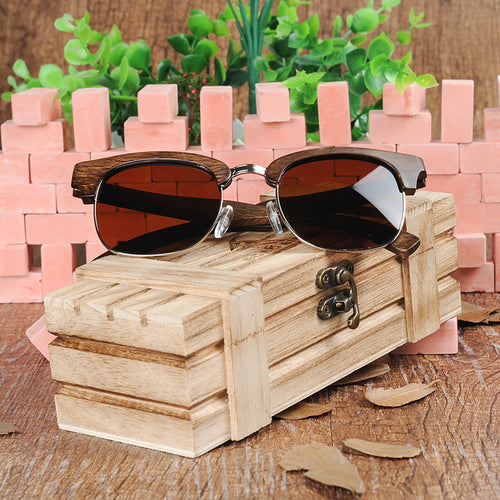 Luxury Semi-Rimless Sunglasses Women Original Ebony Wooden Handmade Sun Glasses Man Vintage Dropshipping