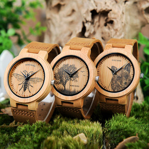 Men Wrist Watch Fashion Bamboo Quartz Watch Skeleton Dragonfly Animals Watch