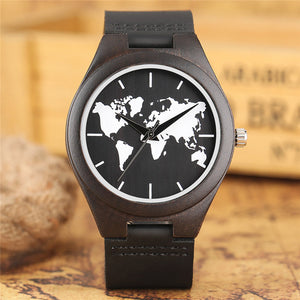 World Map Watches Men's Natural Wood Watch Minimalist Worldwide Tour Men Quartz Genuine Leather Band Clock - 2 Colors available