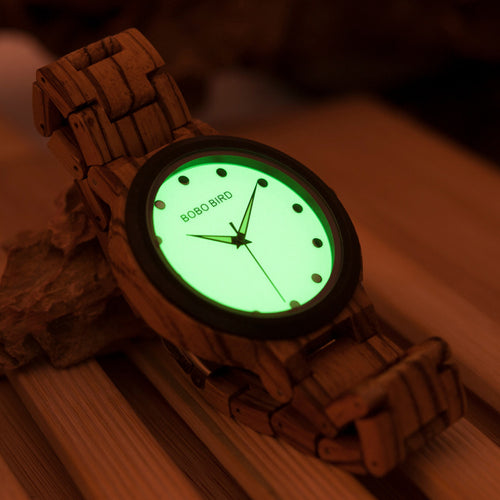 Luminous Dial Face Men Cool Wooden Watches with Zebra Ebony Wood Strap