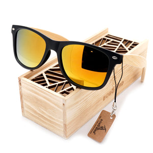 Summer Style Vintage Black Square Sunglasses With Bamboo Mirrored Polarized in Wood Box BS23