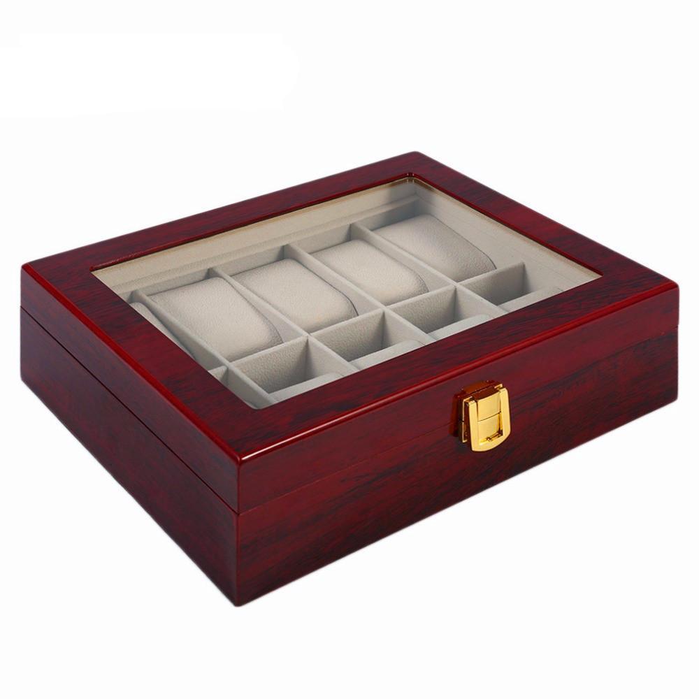 Luxury 10 Grids Solid Red Wooden Watch Box Jewelry Display Organizer Case Watches Storage Box Caja Reloj