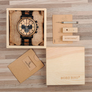 Wood and Stainless Steel Watches Luminous Hands Stop Watch Mens Quartz Wristwatches in Wooden Box