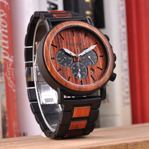 Wood and Stainless Steel Watches Luminous Hands Stop Watch Mens Quartz Wristwatches in Wooden Box