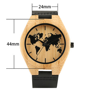 World Map Wooden Watch for Men & Women with Leather Band