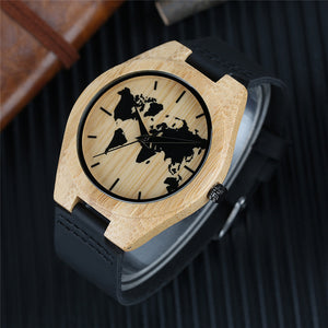 Minimalist World Map Wooden Watch for Men & Women - Simple Bamboo Wristwatch Woodcraft Friendsip Souvenior Gifts Clock