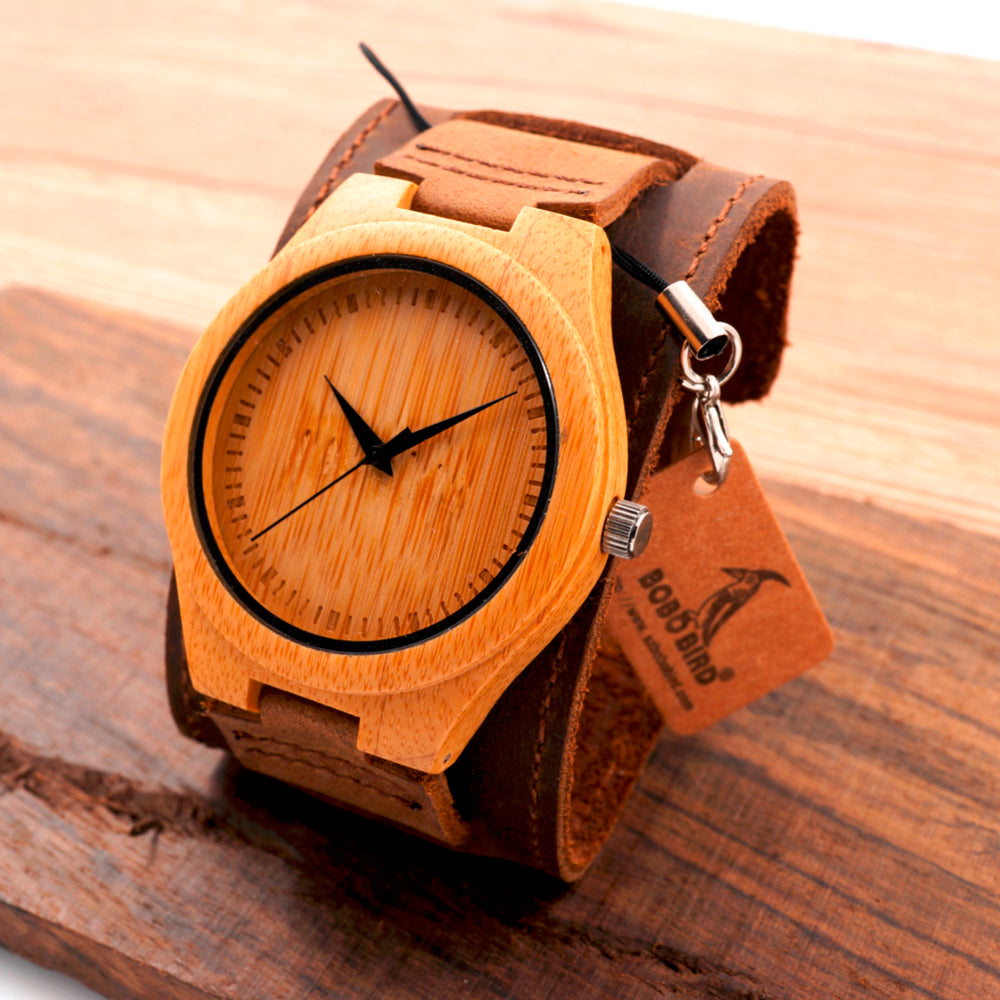 New Men Design Bamboo Wristwatches With Wider Genuine Cowhide Band for Men and Women Luxury Wood Wrist Watch as Gifts